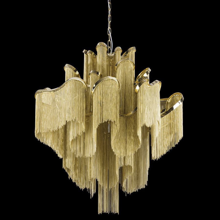 Złoty żyrandol - lampa sufitowa wykonana z łańcuszków