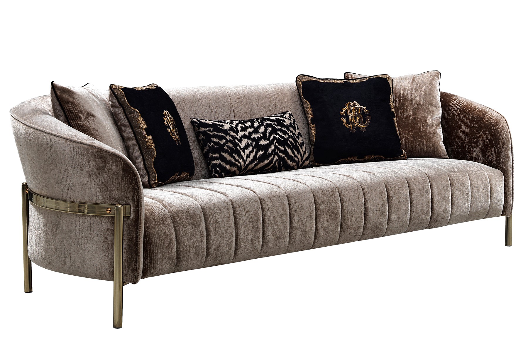 Beżowa sofa z pikowanym siedziskiem na złotych nogach